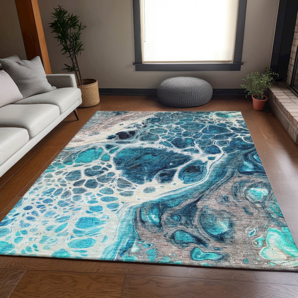 Premium Machine Washable Mayfield AMF682 Teal 10' x 14' Rug. Picture 5