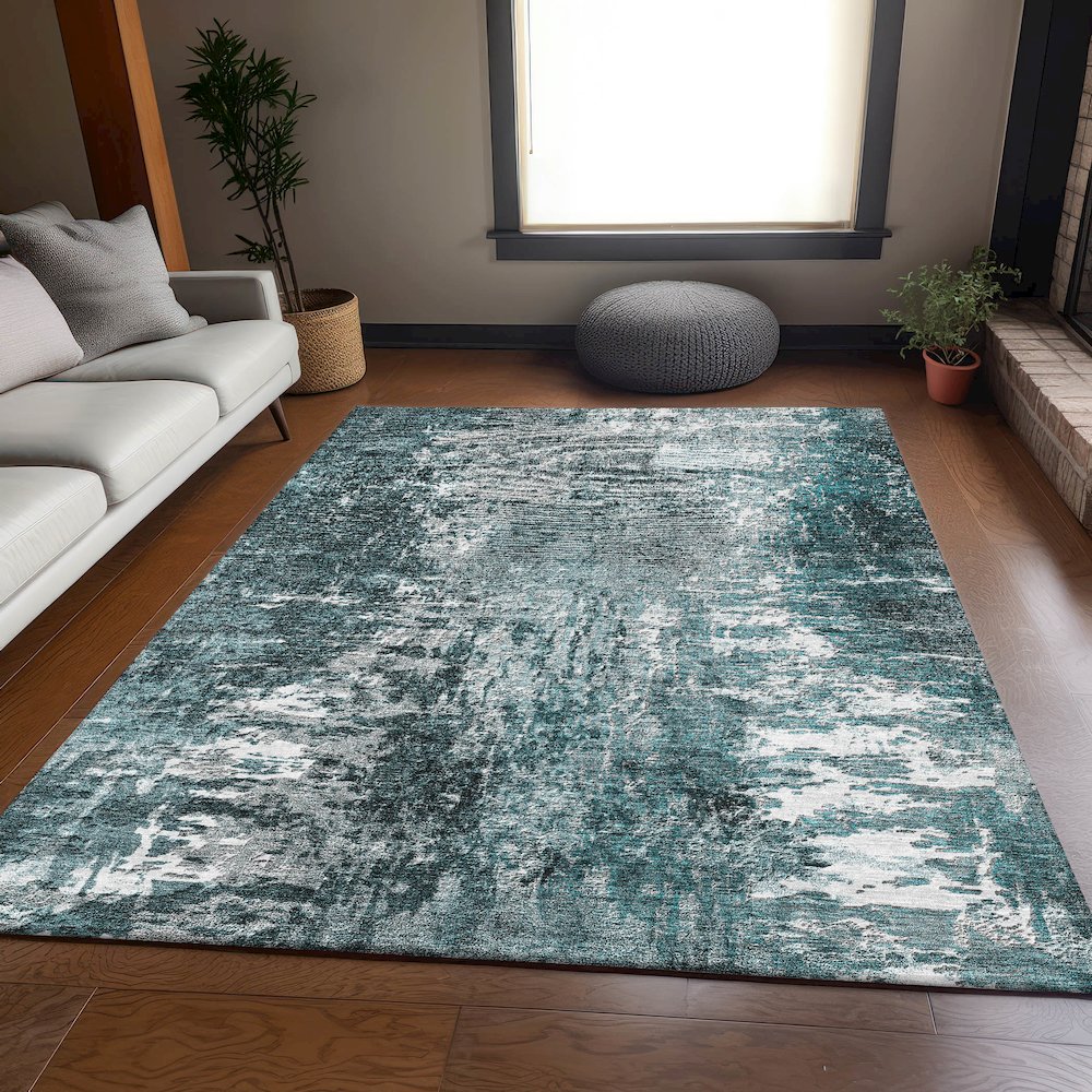 Premium Machine Washable Mayfield AMF718 Teal 10' x 14' Rug. Picture 5