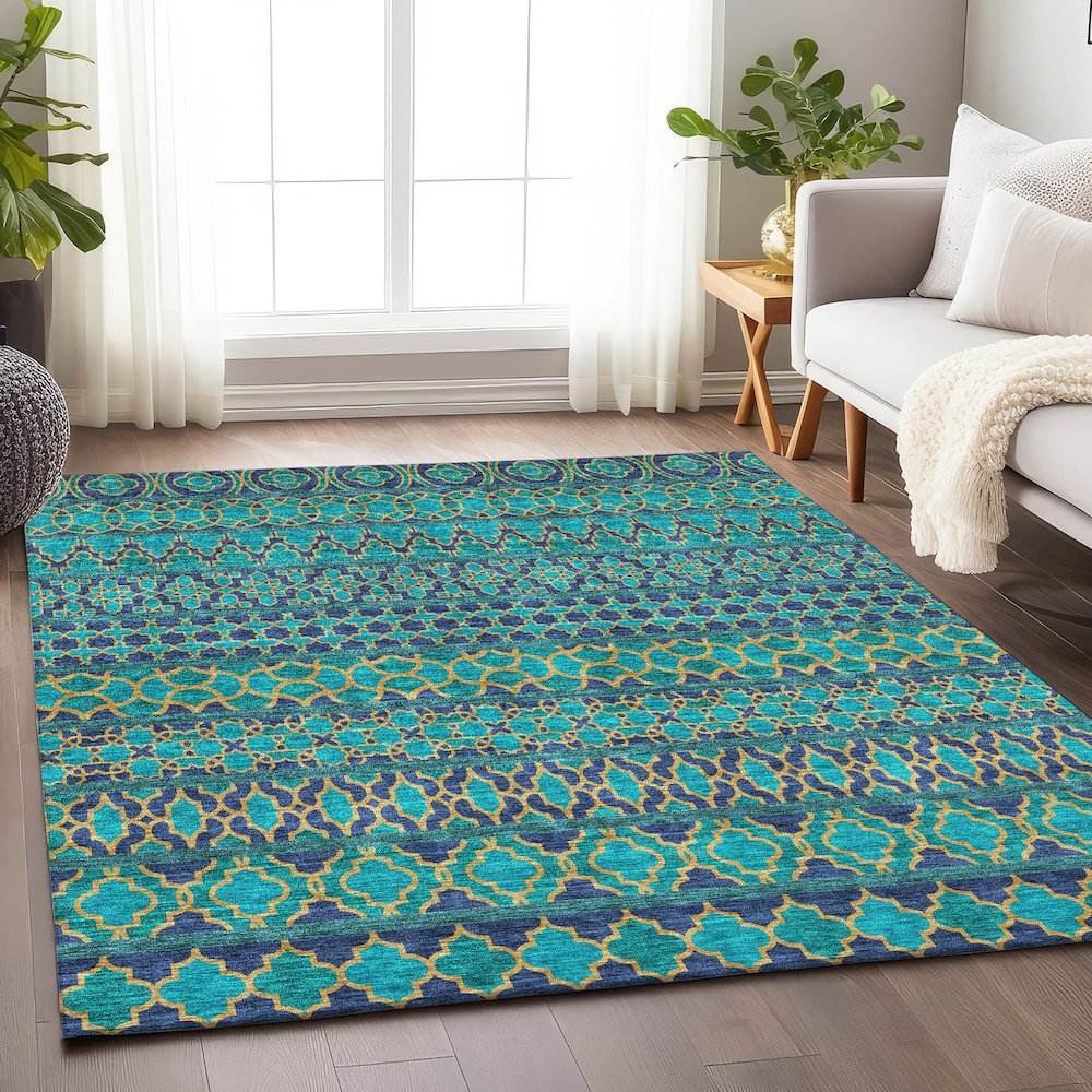 Premium Machine Washable Mayfield AMF726 Teal 10' x 14' Rug. Picture 5