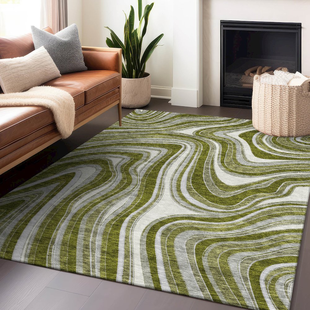 Premium Machine Washable Mayfield AMF756 Olive 10' x 14' Rug. Picture 6