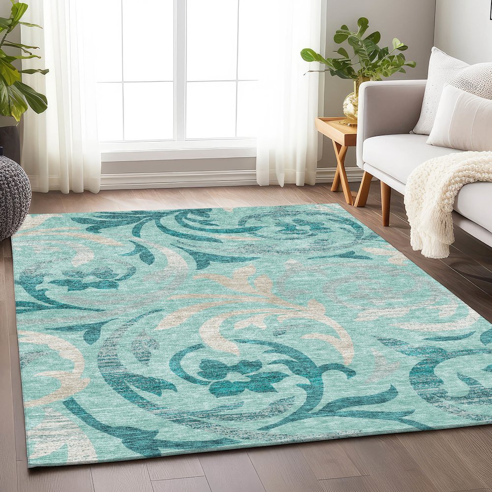 Premium Machine Washable Mayfield AMF764 Teal 10' x 14' Rug. Picture 5