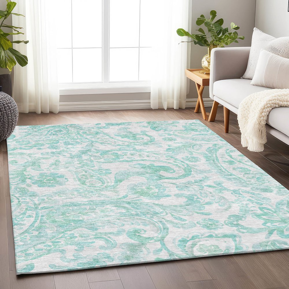 Premium Machine Washable Mayfield AMF835 Turquoise 10' x 14' Rug. Picture 6