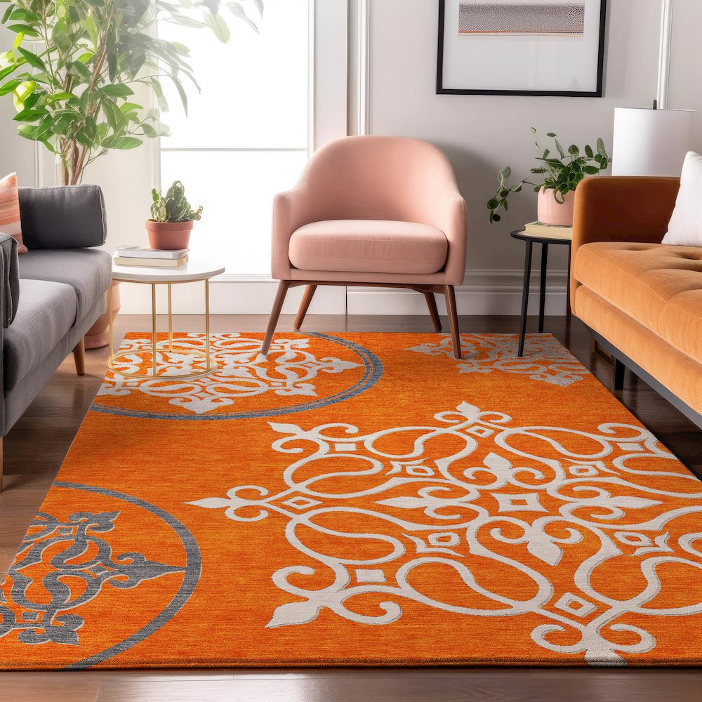Premium Machine Washable Mayfield AMF874 Orange 10' x 14' Rug. Picture 5