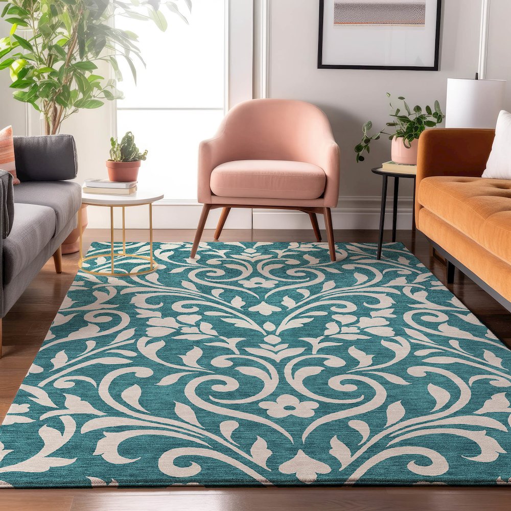 Premium Machine Washable Mayfield AMF875 Teal 10' x 14' Rug. Picture 5