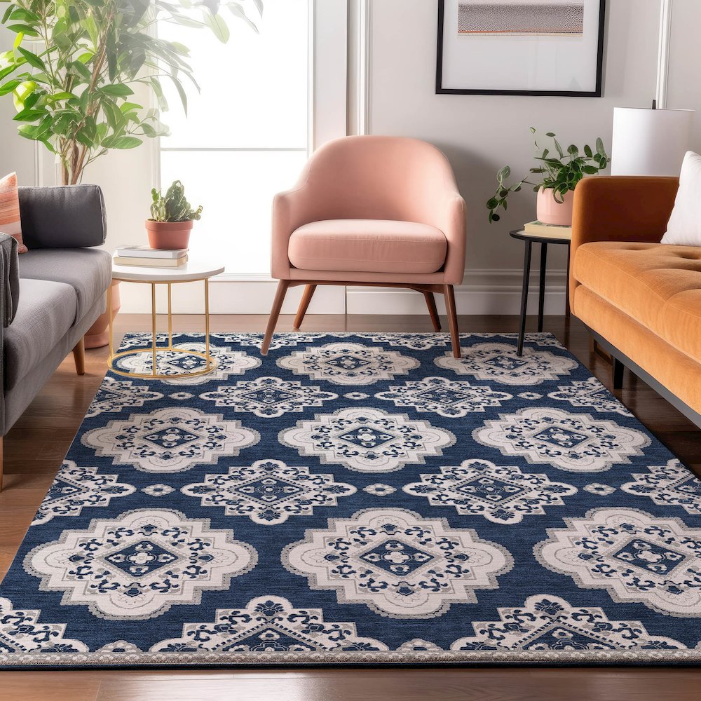 Premium Machine Washable Mayfield AMF878 Navy 10' x 14' Rug. Picture 5