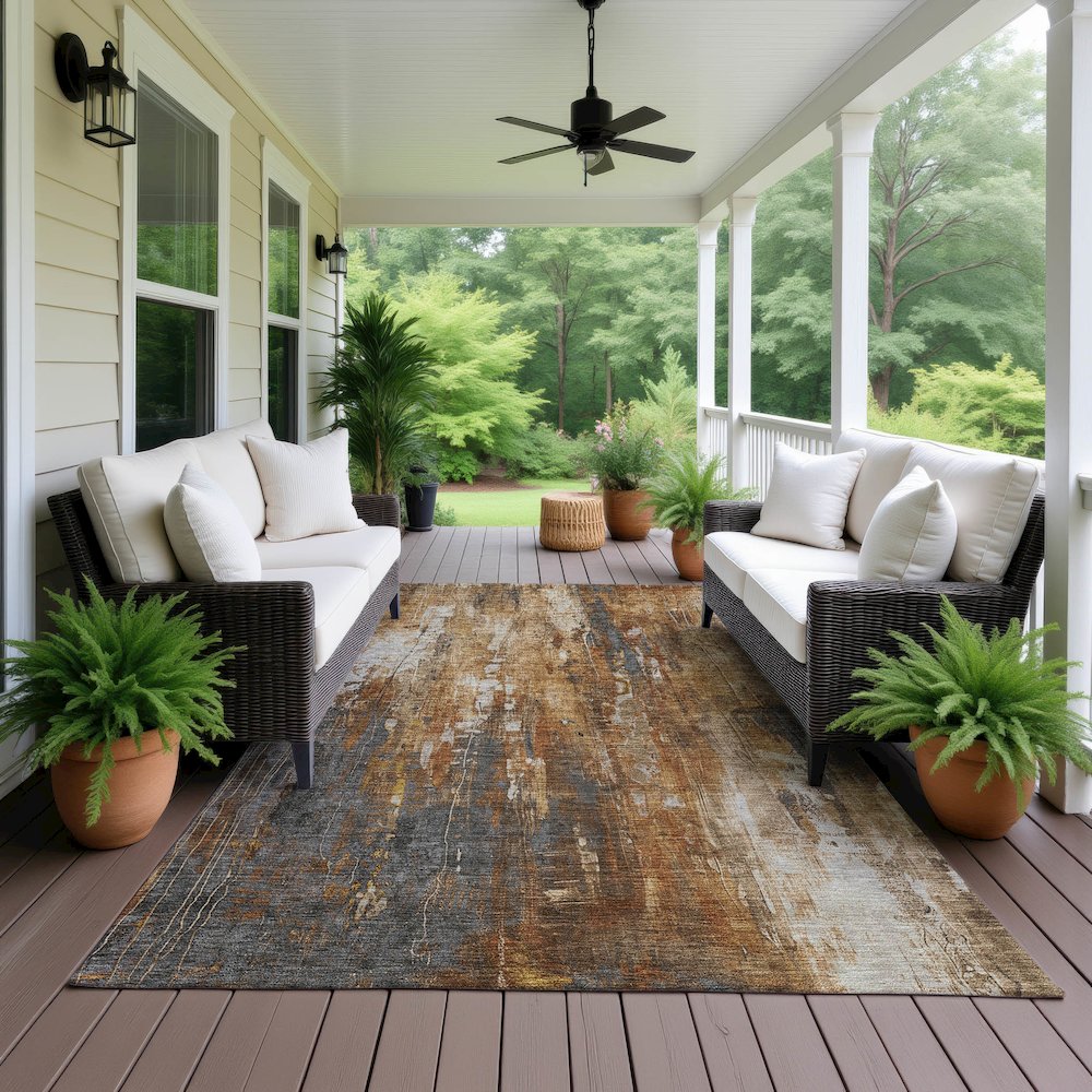 Luxury Washable Indoor/Outdoor Kochi Rust 10' x 14' Rug. Picture 6