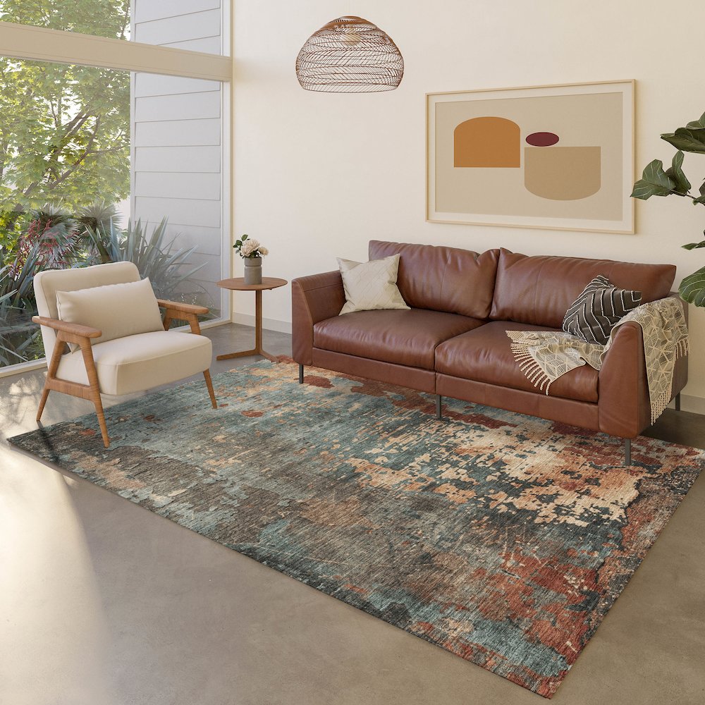Luxury Washable Indoor/Outdoor Kochi Teal 10' x 14' Rug. Picture 5