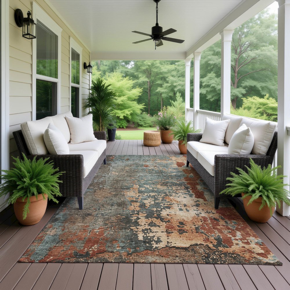 Luxury Washable Indoor/Outdoor Kochi Teal 10' x 14' Rug. Picture 6