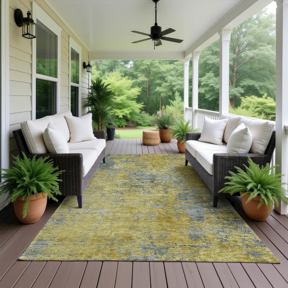 Luxury Washable Indoor/Outdoor Kochi Gold 10' x 14' Rug. Picture 6