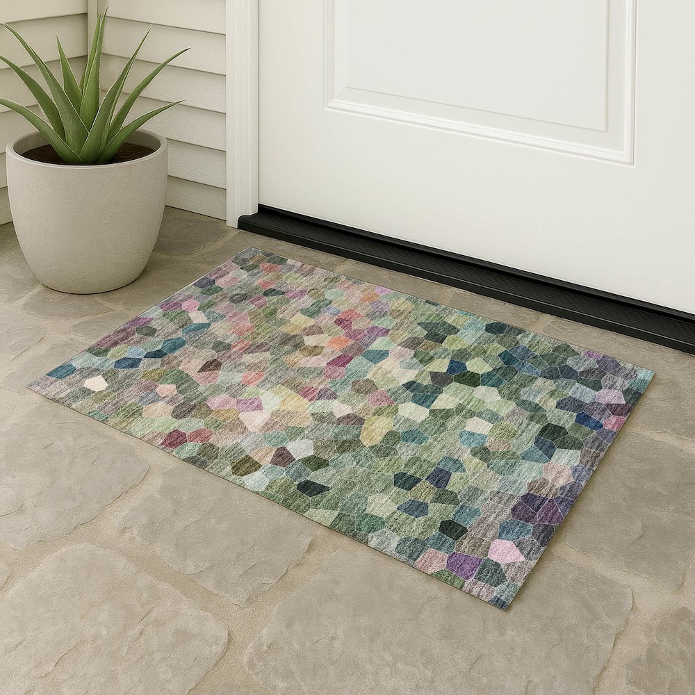 Luxury Washable Indoor/Outdoor Kaleidoscope KL1 Green 9' x 12' Rug. Picture 7