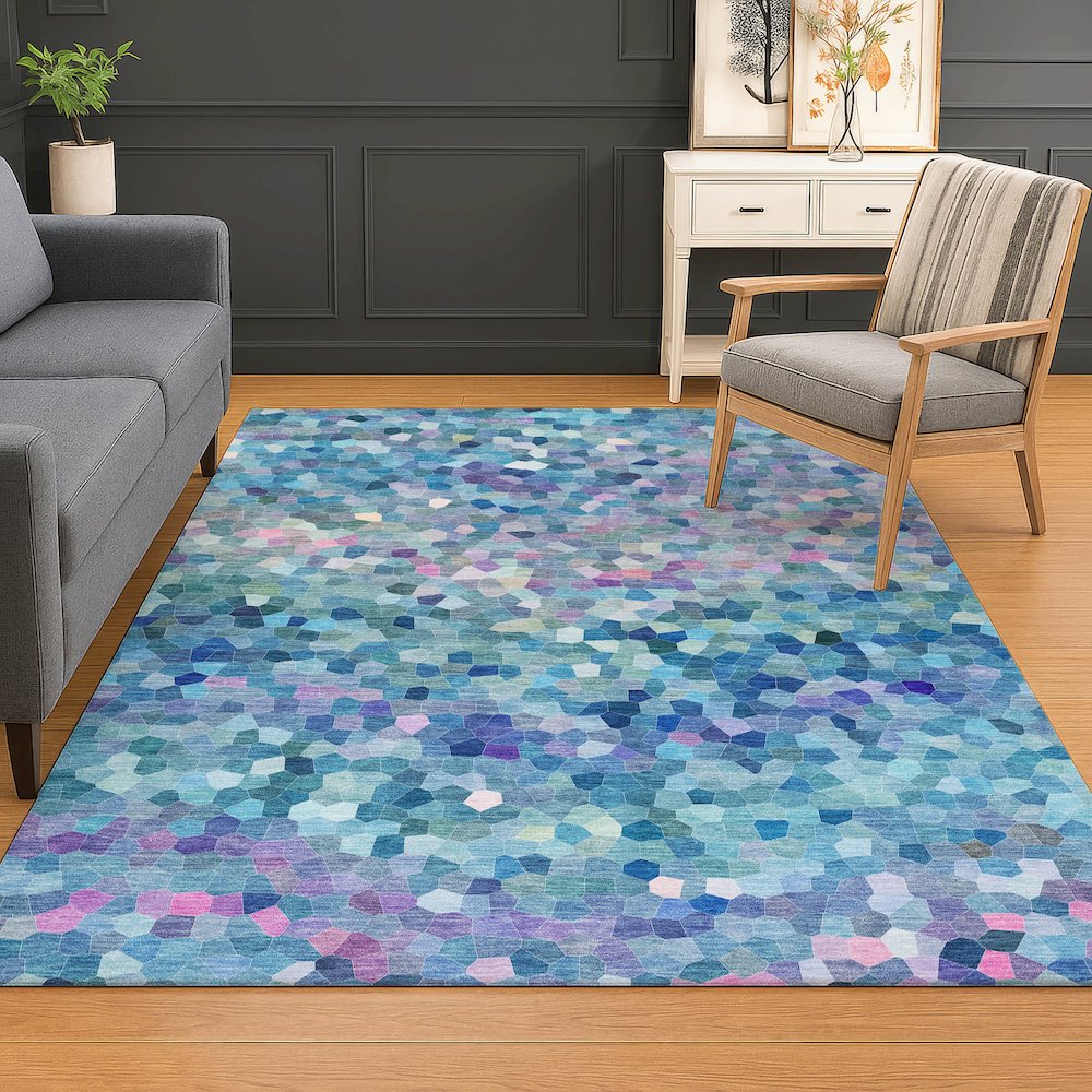 Luxury Washable Indoor/Outdoor Kaleidoscope KL1 Teal 10' x 14' Rug. Picture 6