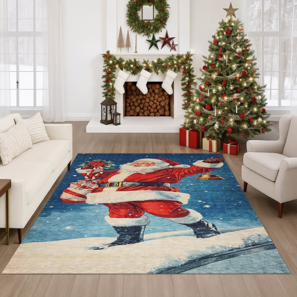 Luxury Washable Indoor/Outdoor Merry & Bright Blue 10' x 14' Rug. Picture 6