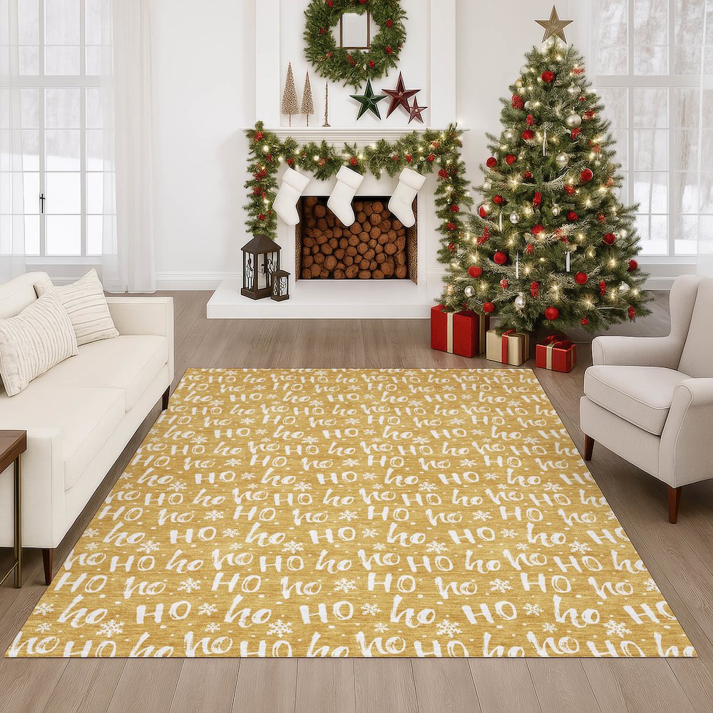 Luxury Washable Indoor/Outdoor Merry & Bright Gold 10' x 14' Rug. Picture 6