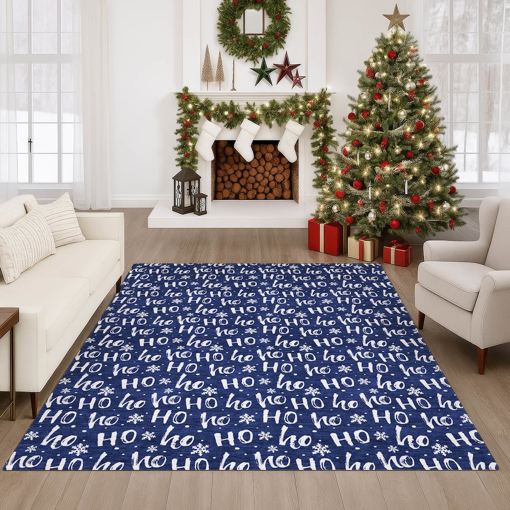 Luxury Washable Indoor/Outdoor Merry & Bright Navy 10' x 14' Rug. Picture 6