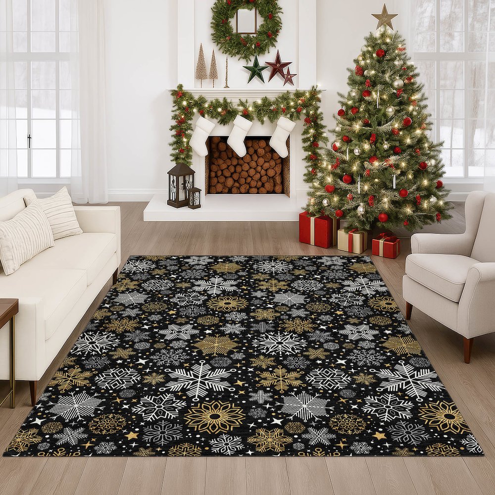 Luxury Washable Indoor/Outdoor Merry & Bright Black 10' x 14' Rug. Picture 6