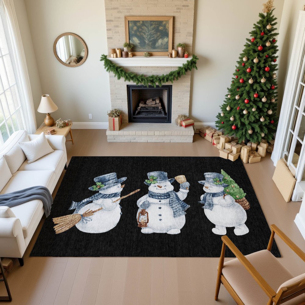 Luxury Washable Indoor/Outdoor Merry & Bright Black 10' x 14' Rug. Picture 5