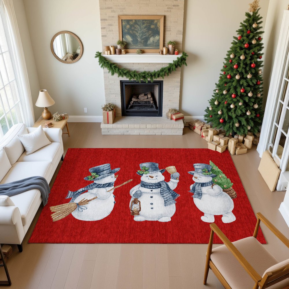 Luxury Washable Indoor/Outdoor Merry & Bright Red 10' x 14' Rug. Picture 5