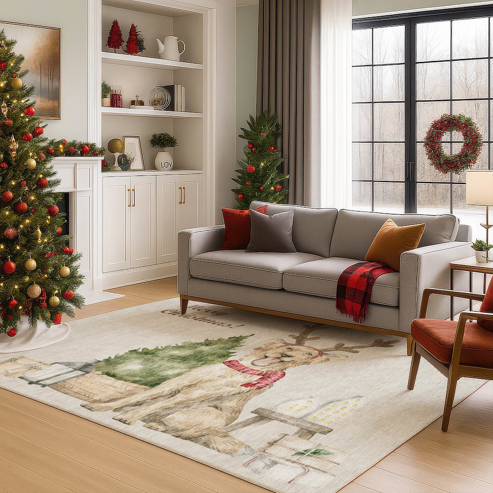 Luxury Washable Indoor/Outdoor Merry & Bright Beige 10' x 14' Rug. Picture 6