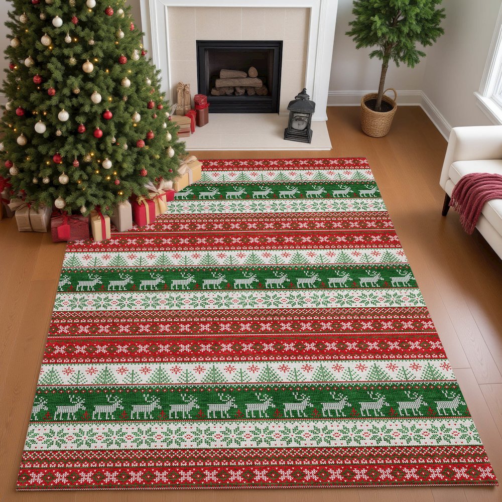 Luxury Washable Indoor/Outdoor Merry & Bright Red 10' x 14' Rug. Picture 5