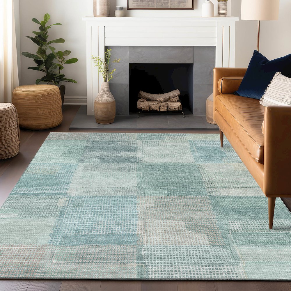 Luxury Washable Indoor/Outdoor Ravenna Teal 10' x 14' Rug. Picture 6