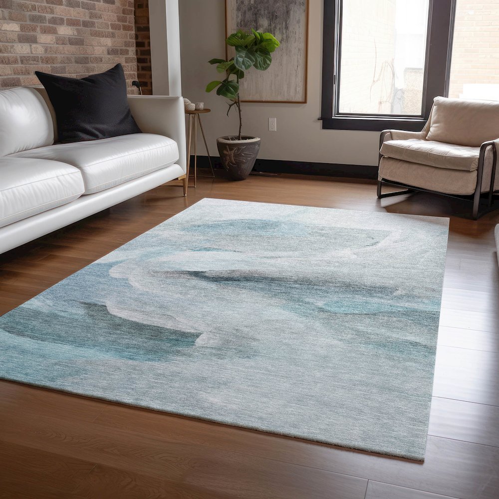 Luxury Washable Indoor/Outdoor Ravenna Teal 10' x 14' Rug. Picture 5