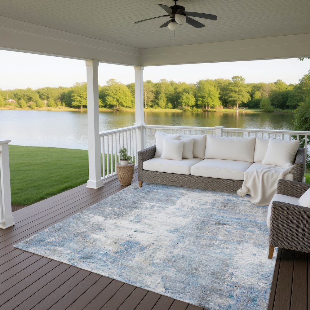 Luxury Washable Indoor/Outdoor Ravenna Blue 10' x 14' Rug. Picture 7