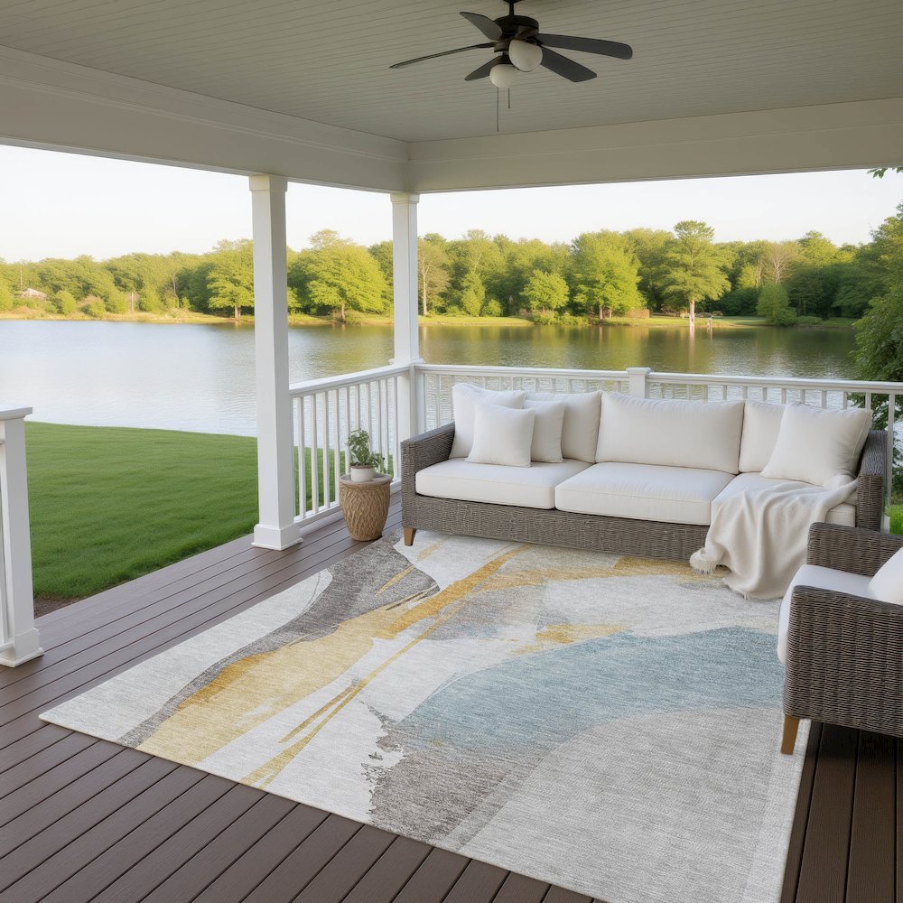 Luxury Washable Indoor/Outdoor Ravenna Gold 10' x 14' Rug. Picture 7