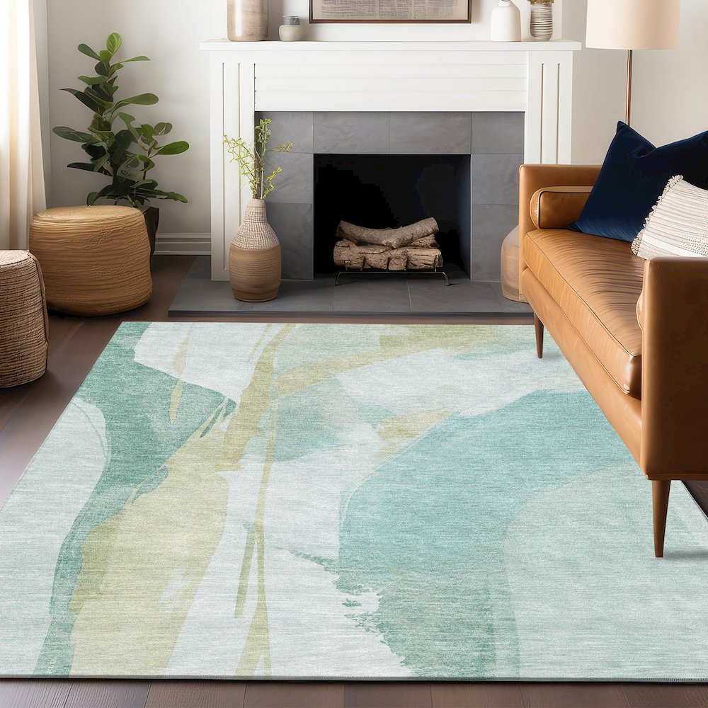 Luxury Washable Indoor/Outdoor Ravenna Teal 10' x 14' Rug. Picture 6