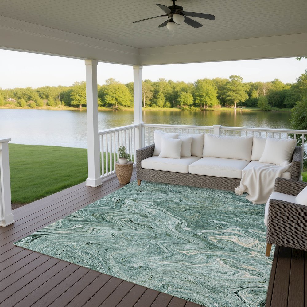 Luxury Washable Indoor/Outdoor Ravenna Teal 10' x 14' Rug. Picture 7