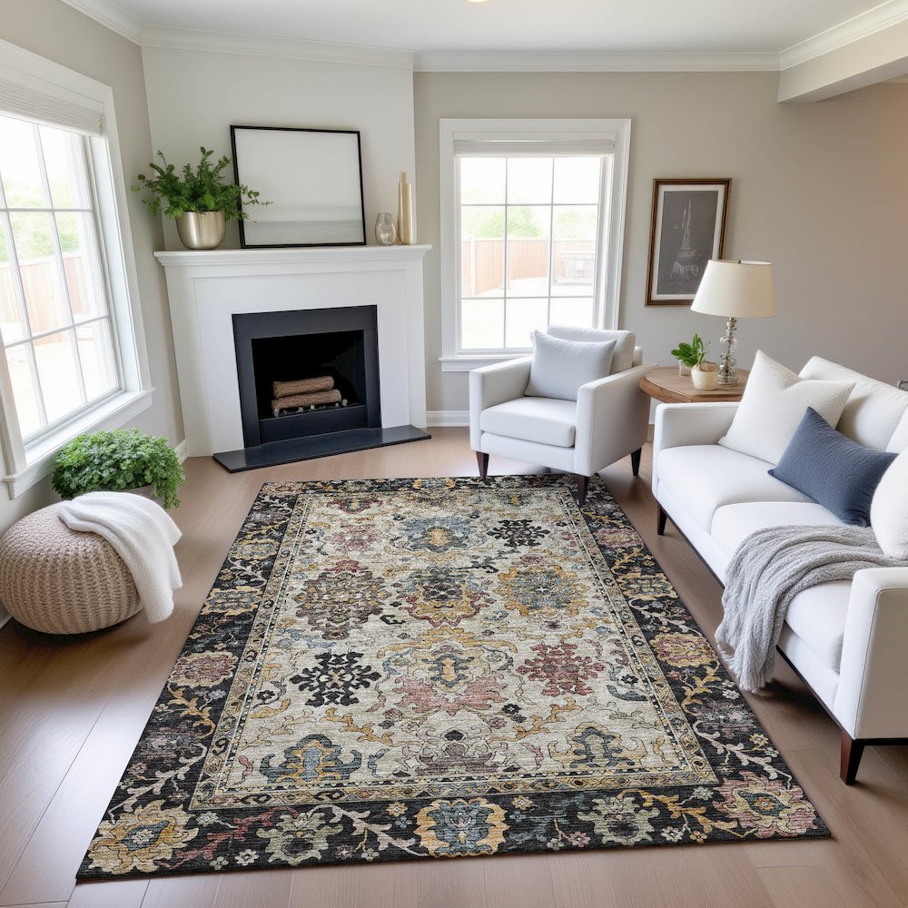 Indoor/Outdoor Silk Road Black 9' x 12' Rug. Picture 5