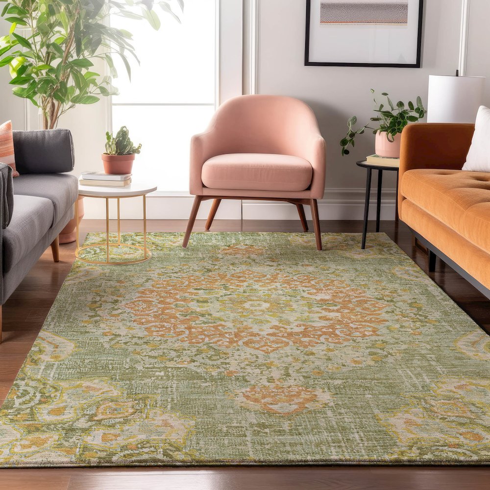 Luxury Washable Indoor/Outdoor Tabrook Aloe 10' x 14' Rug. Picture 5