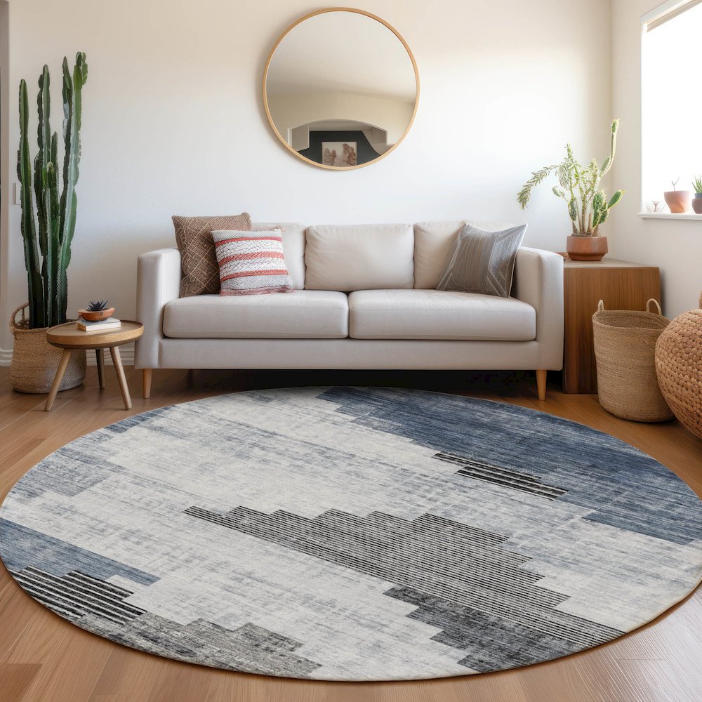 Machine Washable Indoor/Outdoor Chantille Blue 8' x 8' Round Rug. Picture 5