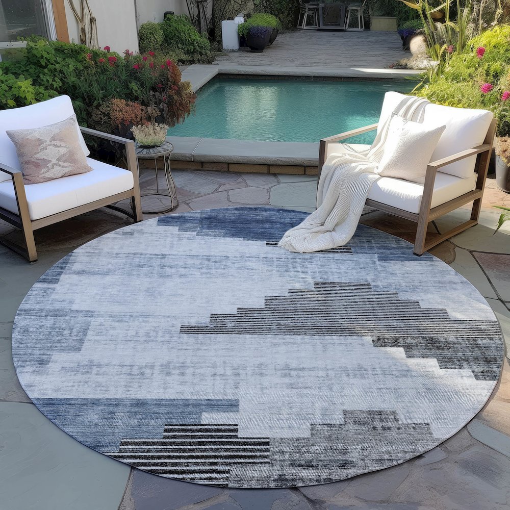 Machine Washable Indoor/Outdoor Chantille Blue 8' x 8' Round Rug. Picture 6