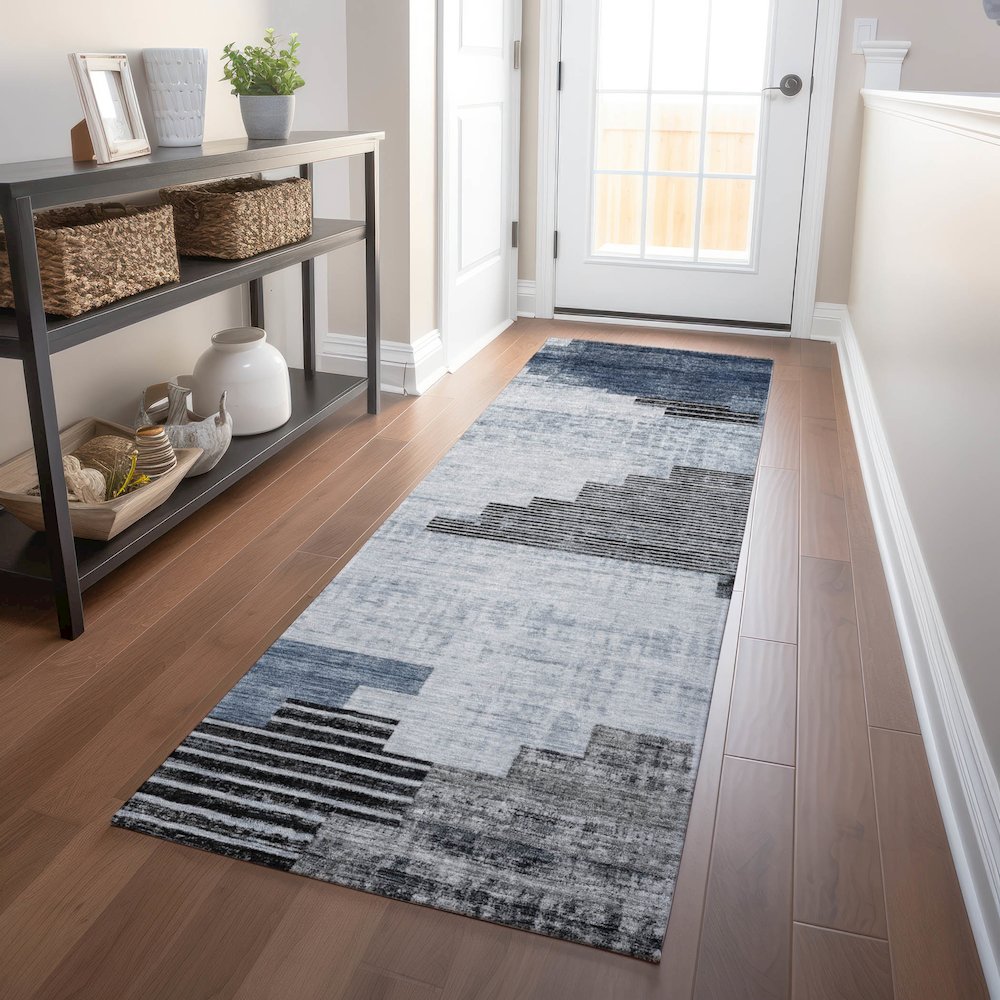 Machine Washable Indoor/Outdoor Chantille Blue 2'3" x 7'6" Runner Rug. Picture 5