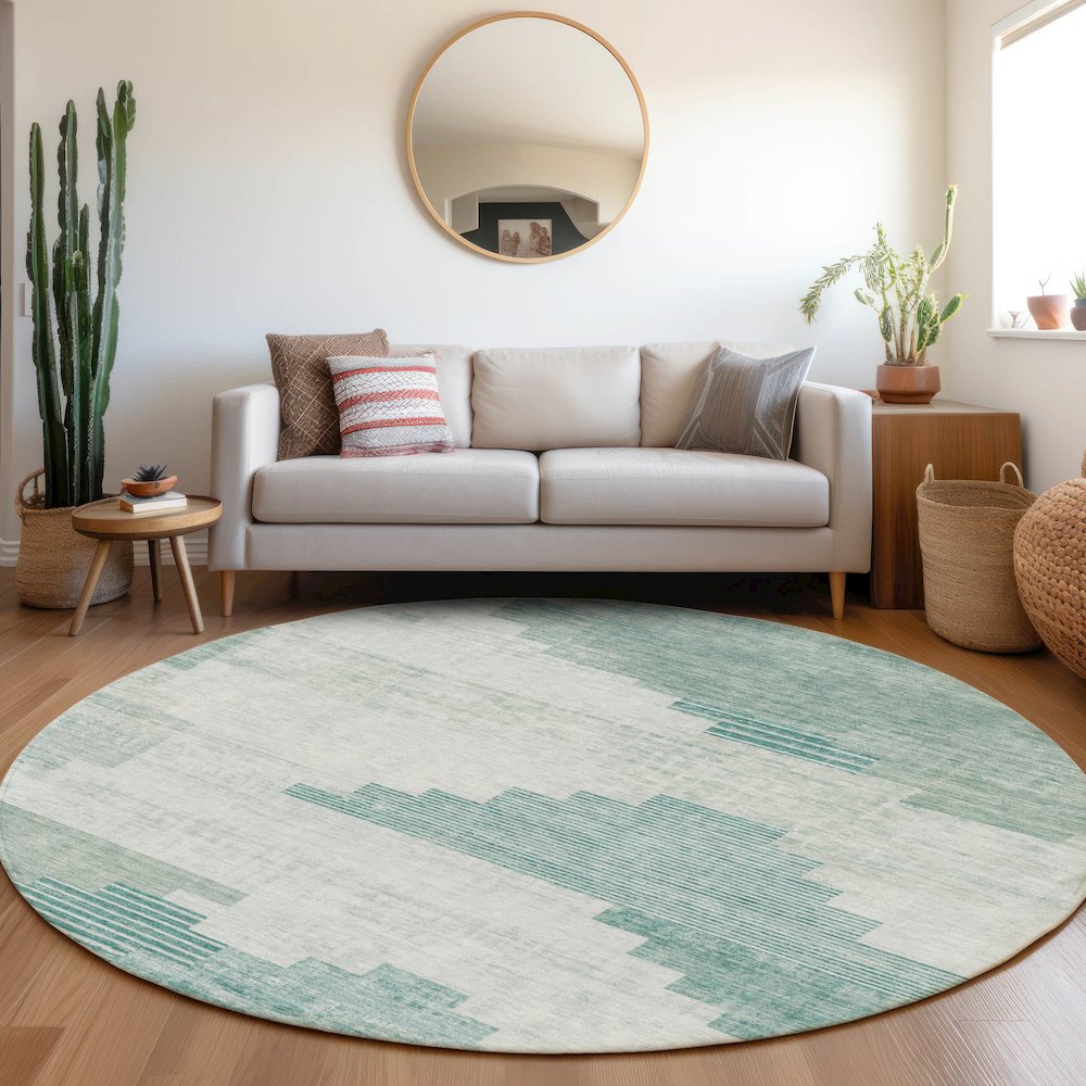 Machine Washable Indoor/Outdoor Chantille Teal 8' x 8' Round Rug. Picture 5