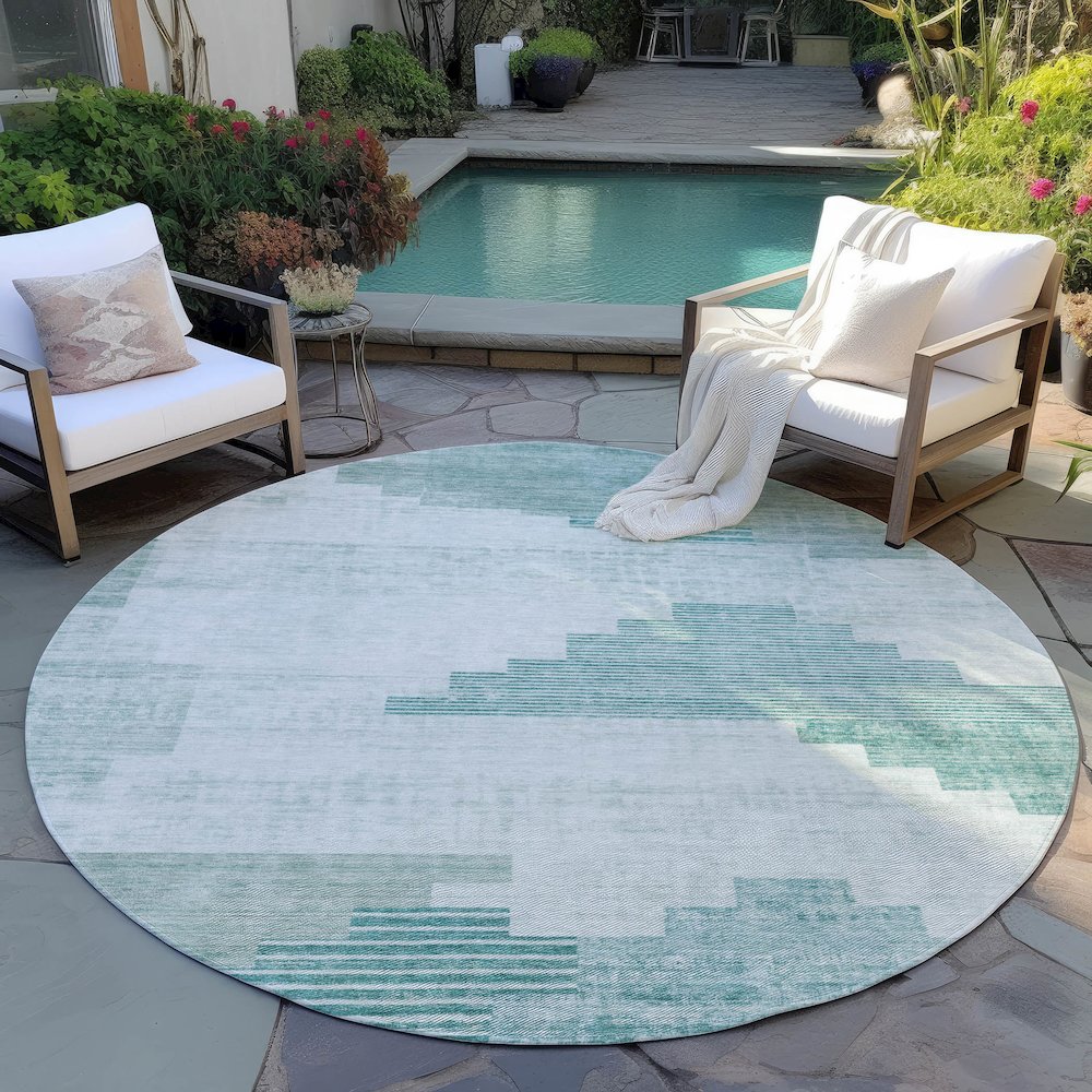 Machine Washable Indoor/Outdoor Chantille Teal 8' x 8' Round Rug. Picture 6