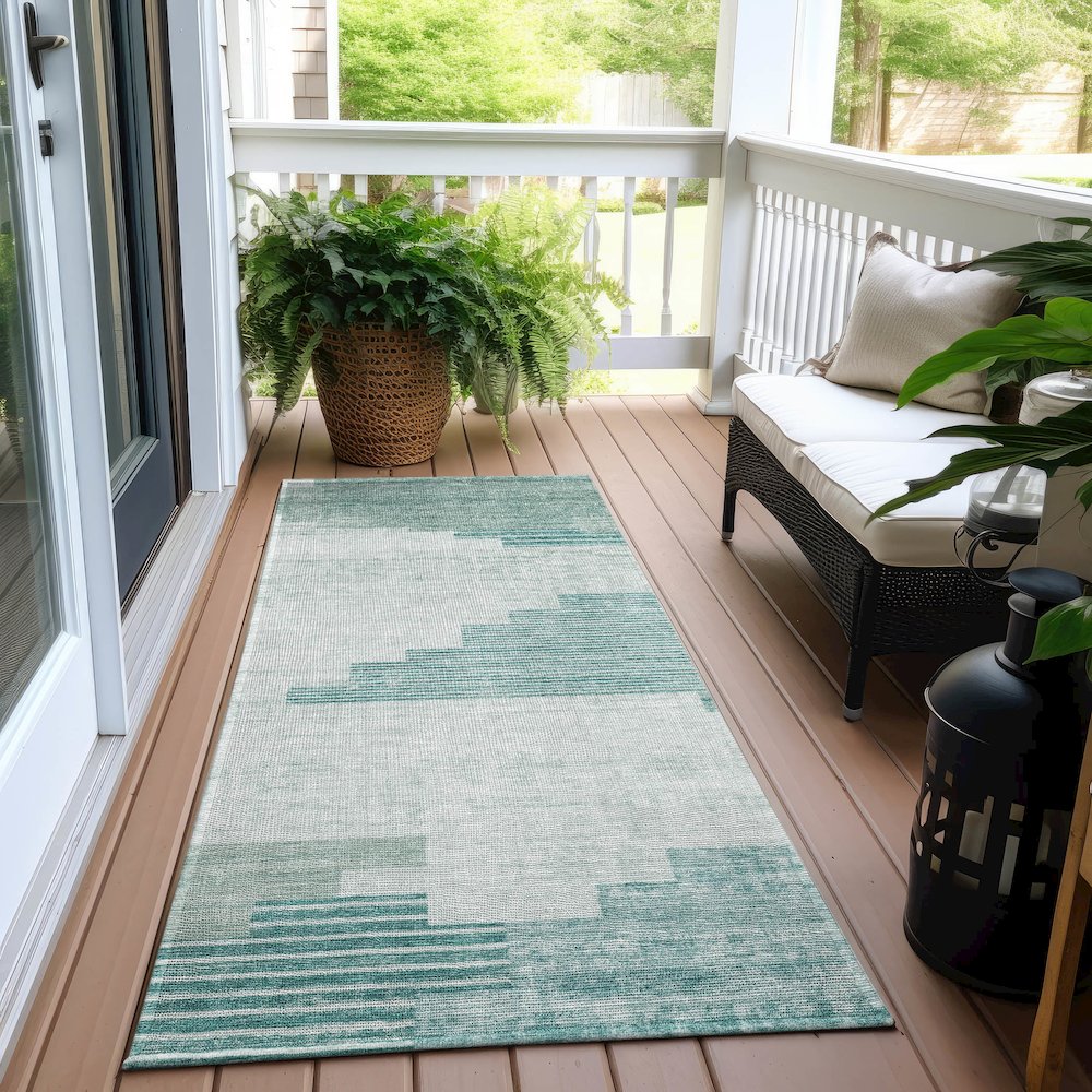 Machine Washable Indoor/Outdoor Chantille Teal 2'3" x 7'6" Runner Rug. Picture 6