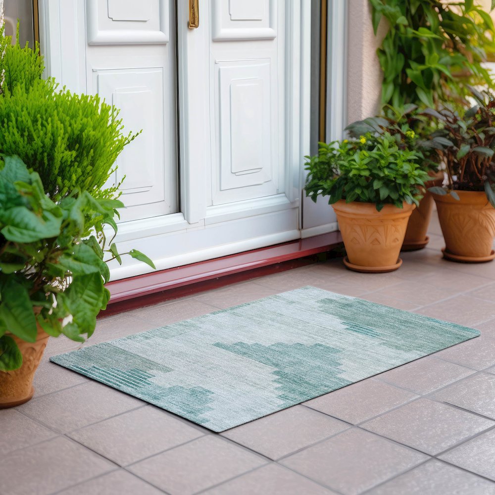 Machine Washable Indoor/Outdoor Chantille Teal 1'8" x 2'6" Rug. Picture 6