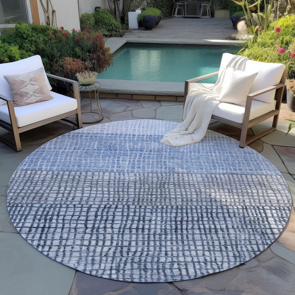 Machine Washable Indoor/Outdoor Chantille Blue 8' x 8' Round Rug. Picture 6