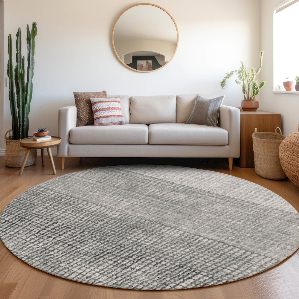 Machine Washable Indoor/Outdoor Chantille Gray 8' x 8' Round Rug. Picture 5