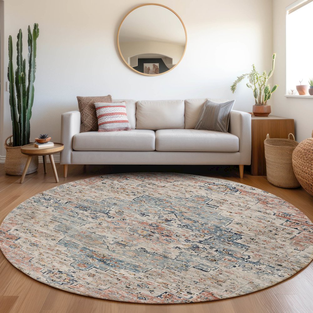 Machine Washable Indoor/Outdoor Chantille Beige 8' x 8' Round Rug. Picture 5