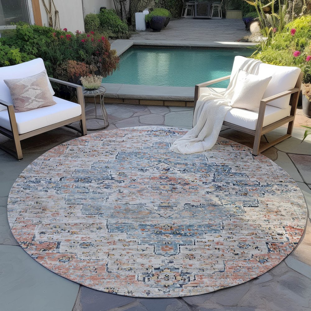 Machine Washable Indoor/Outdoor Chantille Beige 8' x 8' Round Rug. Picture 6