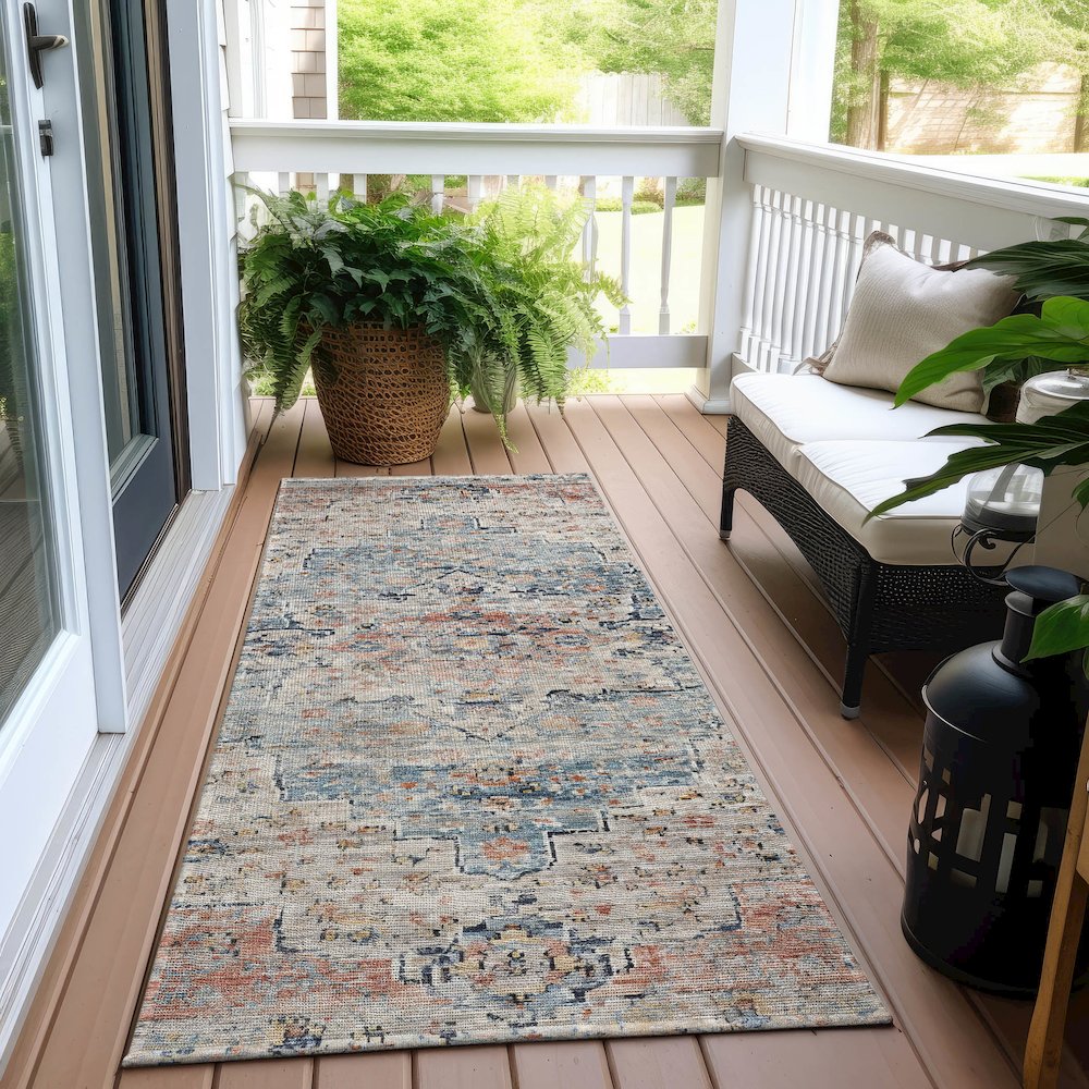 Machine Washable Indoor/Outdoor Chantille Beige 2'3" x 7'6" Runner Rug. Picture 6