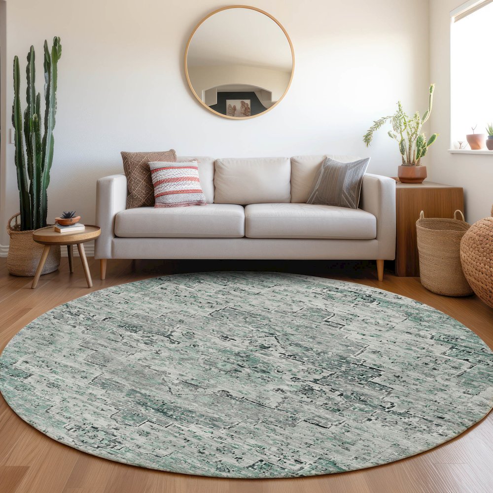 Machine Washable Indoor/Outdoor Chantille Teal 8' x 8' Round Rug. Picture 5