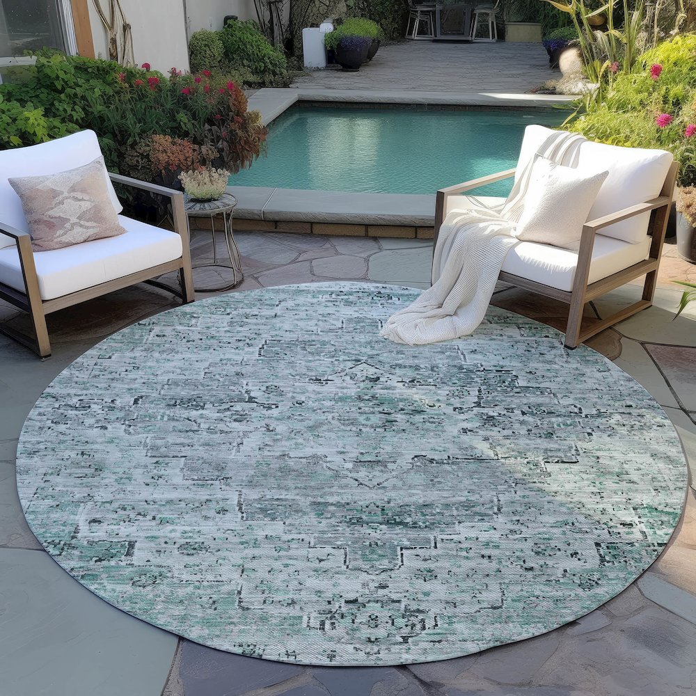 Machine Washable Indoor/Outdoor Chantille Teal 8' x 8' Round Rug. Picture 6