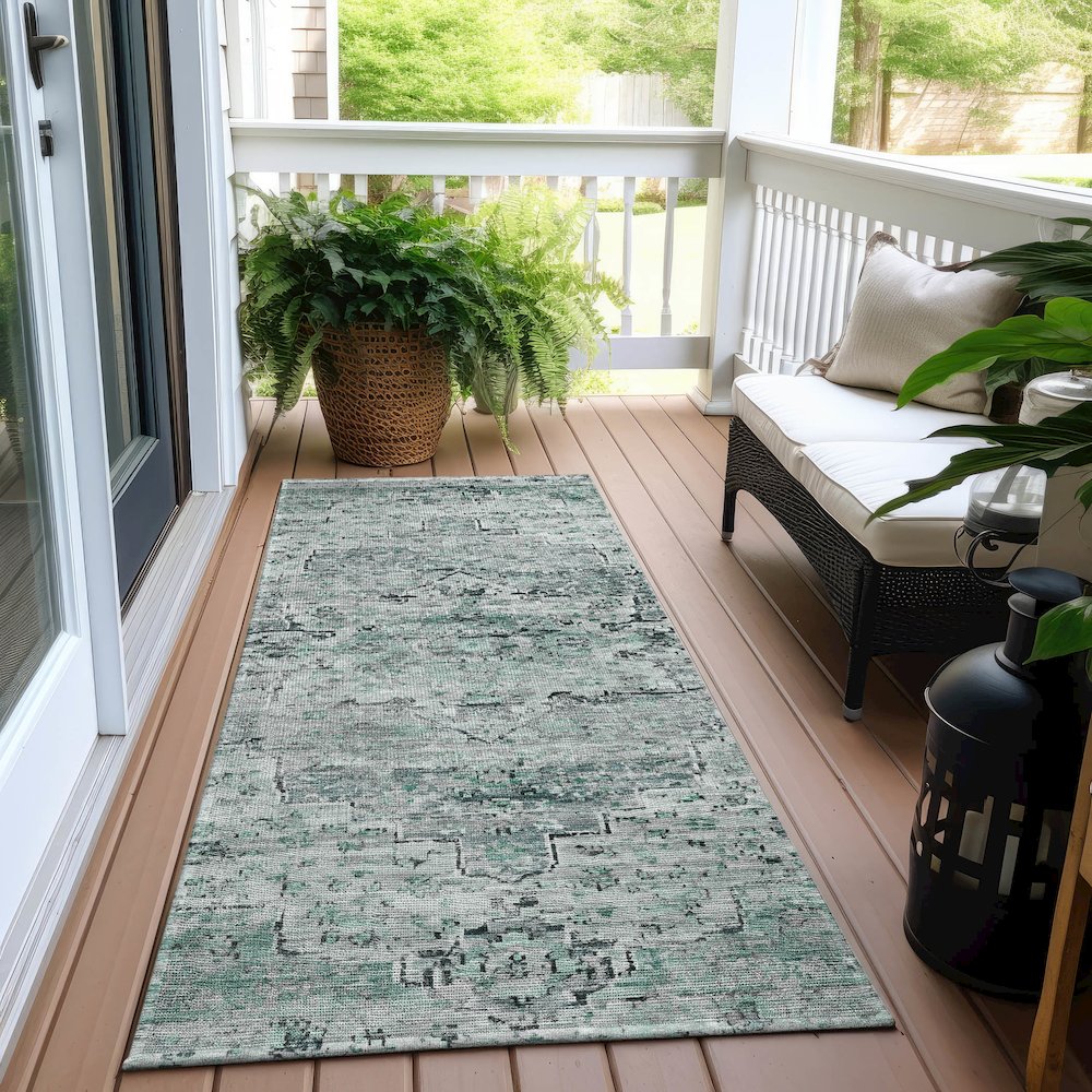 Machine Washable Indoor/Outdoor Chantille Teal 2'3" x 7'6" Runner Rug. Picture 6