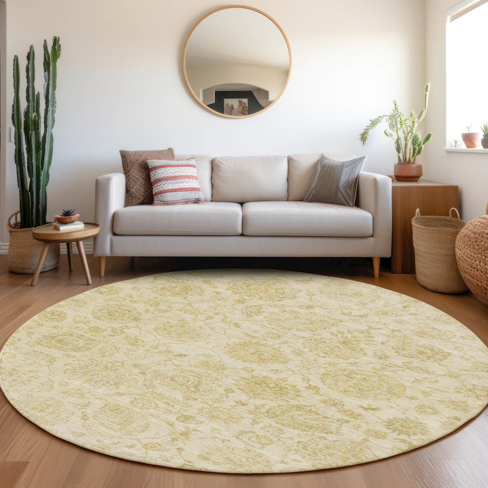 Machine Washable Indoor/Outdoor Chantille Gold 8' x 8' Round Rug. Picture 5