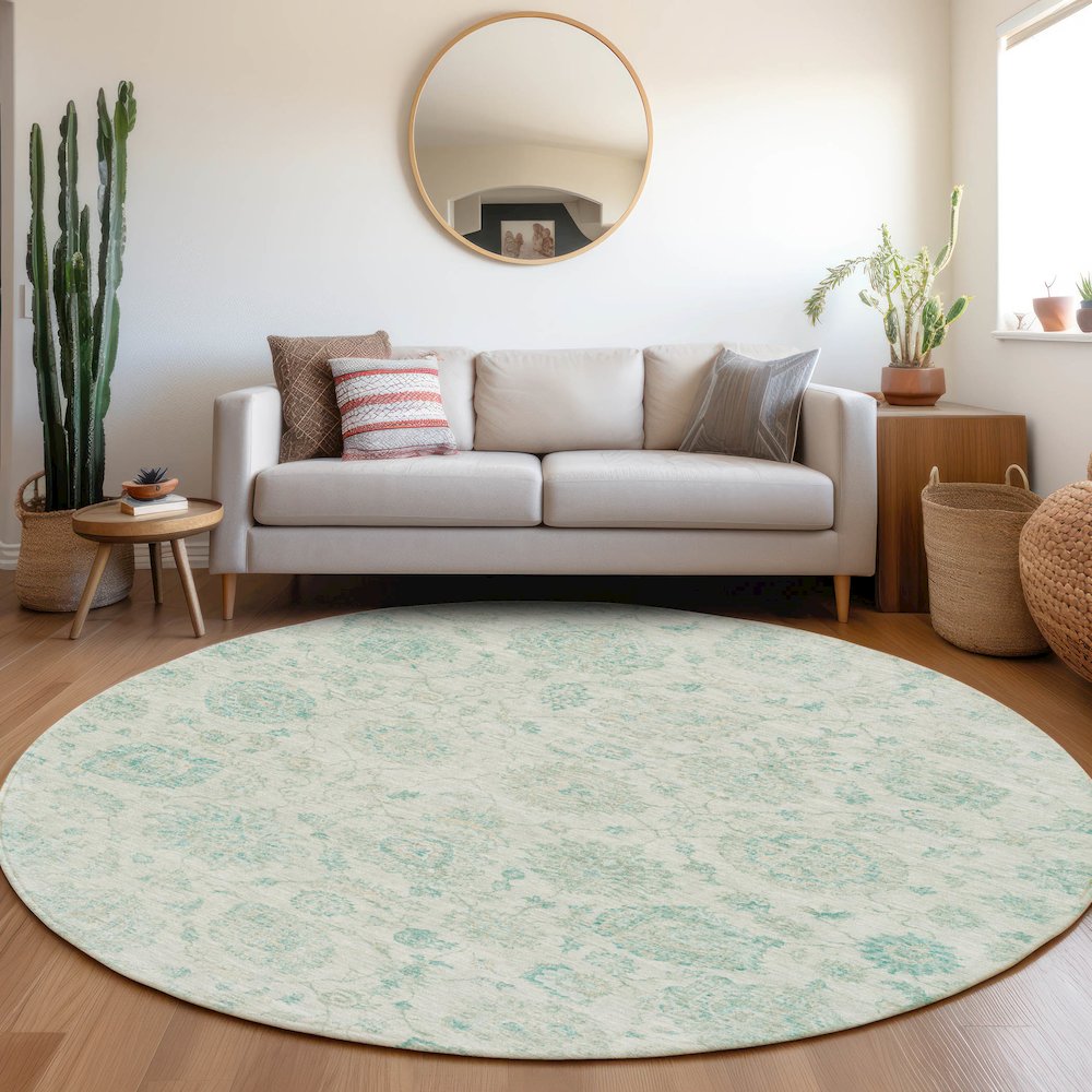 Machine Washable Indoor/Outdoor Chantille Turquoise 8' x 8' Round Rug. Picture 5