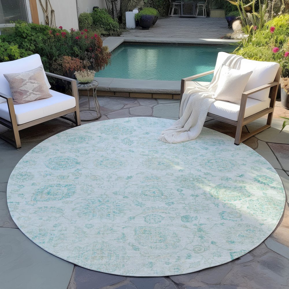 Machine Washable Indoor/Outdoor Chantille Turquoise 8' x 8' Round Rug. Picture 6