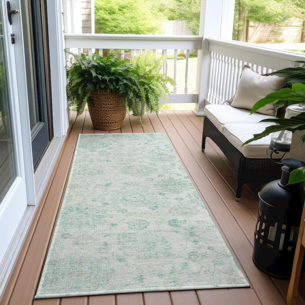 Machine Washable Indoor/Outdoor Chantille Turquoise 2'3" x 7'6" Runner Rug. Picture 6